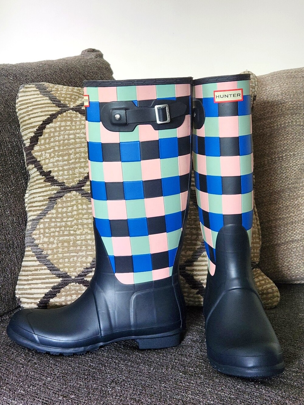 ☔️RARE Hunter☔️ - Blue/Pink Gingham Matte Finish Tall Wellington Rain Boot